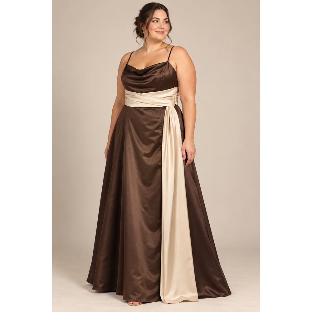 Bill Levkoff Formal Gown Women 18 Brown Cream Satin A-Line Cowl Neck Evening